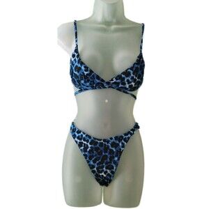 Brazilian Cut Blue Leopard Triangle Bikini With Mesh Skirt Sz M